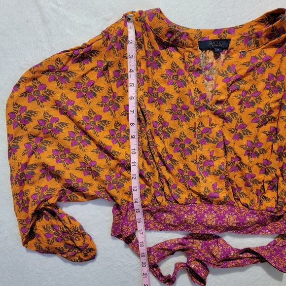 NWOT Rachel Roy Orange Purple Cropped Ruched Waist Tie Long Sleeve Blouse M - Picture 10 of 10